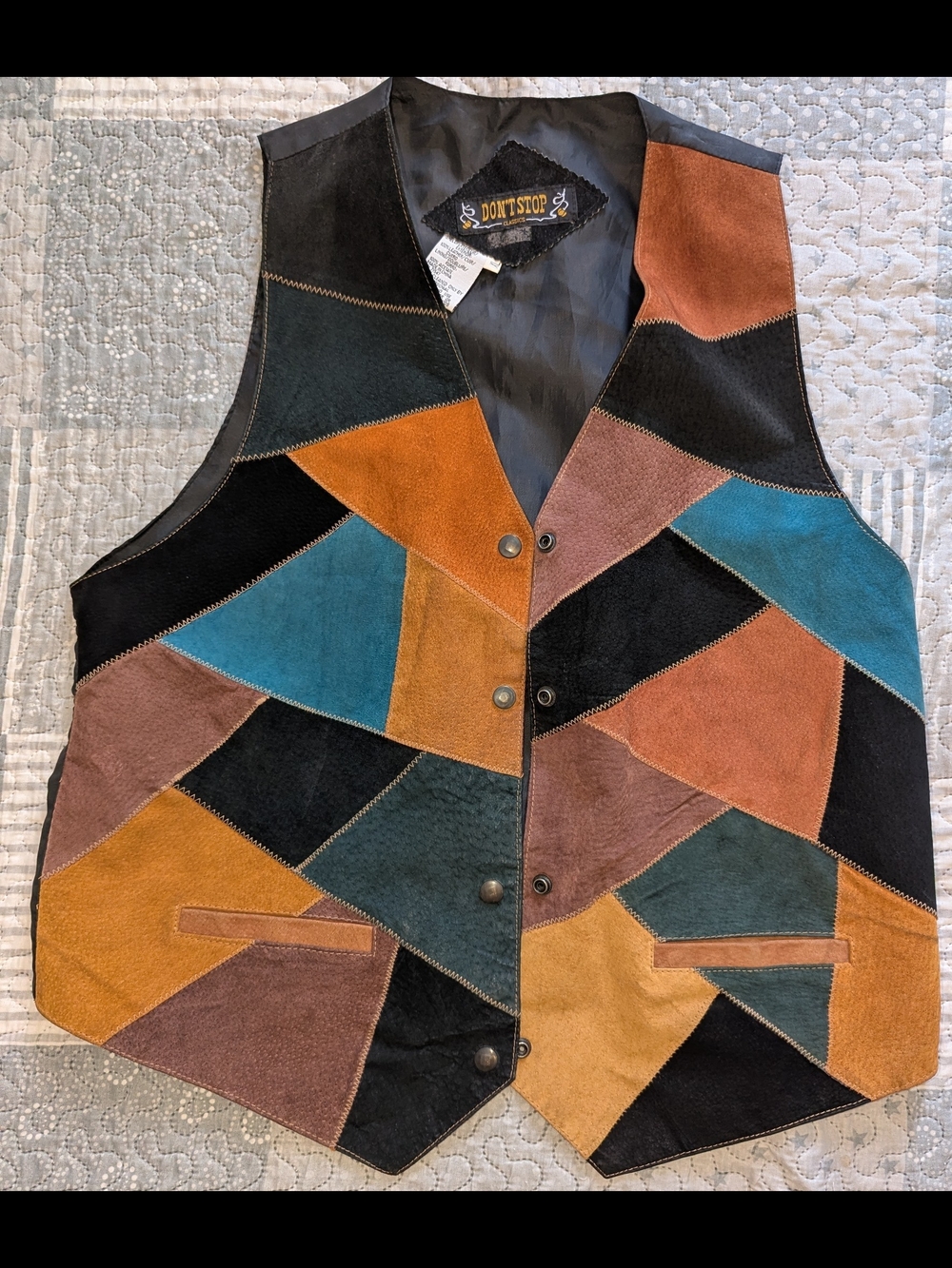 Vintage 90s Dont Stop Patchwork Leather Vest Waistcoat Mens XL Western Green Tan
